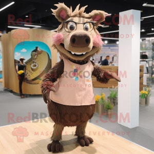 Brown Wild Boar mascot costume character dressed with a Maxi Dress and Eyeglasses