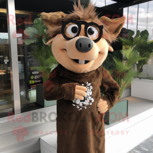 Brown Wild Boar mascot costume character dressed with a Maxi Dress and Eyeglasses