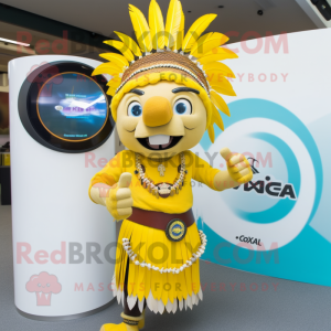 Yellow Chief mascot costume character dressed with a Maxi Skirt and Bracelet watches