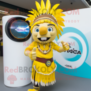 Yellow Chief mascot costume character dressed with a Maxi Skirt and Bracelet watches