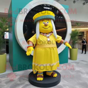 Yellow Chief mascot costume character dressed with a Maxi Skirt and Bracelet watches