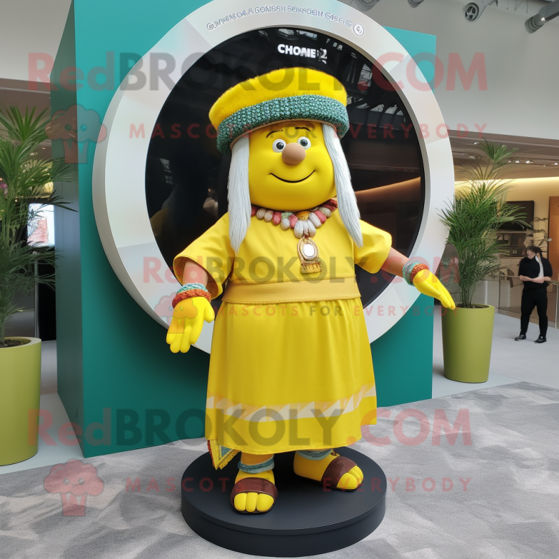 Yellow Chief mascot costume character dressed with a Maxi Skirt and Bracelet watches Yellow Chief mascot costume character dressed with a Maxi Skirt and Bracelet watches