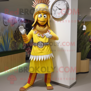 Yellow Chief mascot costume character dressed with a Maxi Skirt and Bracelet watches
