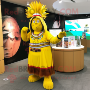 Yellow Chief mascot costume character dressed with a Maxi Skirt and Bracelet watches