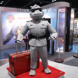 Silver Police Officer mascot costume character dressed with a Turtleneck and Briefcases