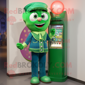 Green Gumball Machine mascot costume character dressed with a Bootcut Jeans and Brooches