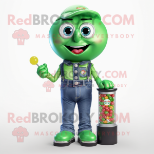 Green Gumball Machine mascot costume character dressed with a Bootcut Jeans and Brooches