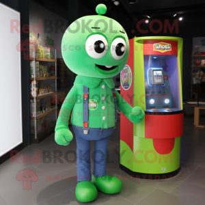 Green Gumball Machine mascot costume character dressed with a Bootcut Jeans and Brooches