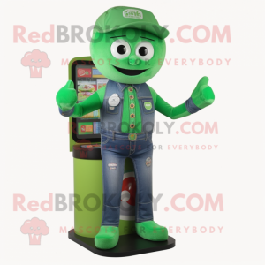 Green Gumball Machine mascot costume character dressed with a Bootcut Jeans and Brooches