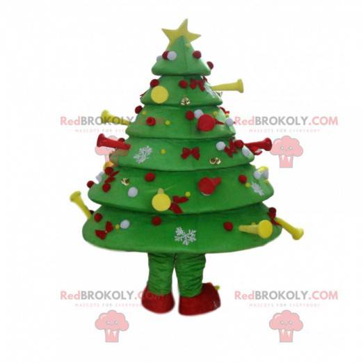 Mascot decorado y árbol verde festivo, traje de árbol de