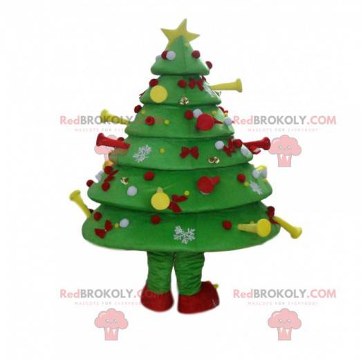 Maskot dekorerade och festliga gröna träd, julgran kostym -