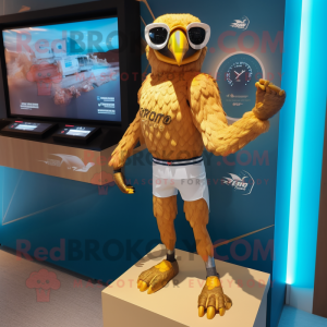Gold Falcon mascot costume character dressed with a Swimwear and Digital watches