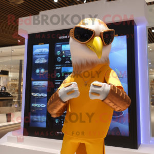 Gold Falcon mascot costume character dressed with a Swimwear and Digital watches