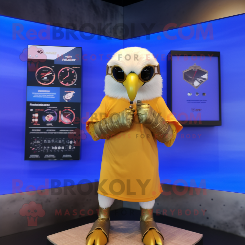 Gold Falcon mascot costume character dressed with a Swimwear and Digital watches Gold Falcon mascot costume character dressed with a Swimwear and Digital watches