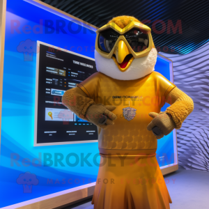 Gold Falcon mascot costume character dressed with a Swimwear and Digital watches