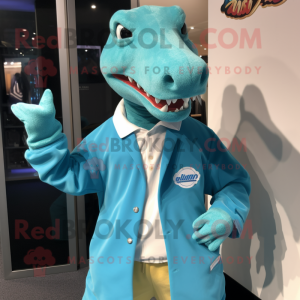 Turquoise Iguanodon mascot costume character dressed with a Henley Tee and Lapel pins