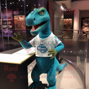 Turquoise Iguanodon mascot costume character dressed with a Henley Tee and Lapel pins