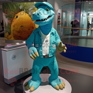 Turquoise Iguanodon mascot costume character dressed with a Henley Tee and Lapel pins