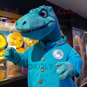 Turquoise Iguanodon mascot costume character dressed with a Henley Tee and Lapel pins