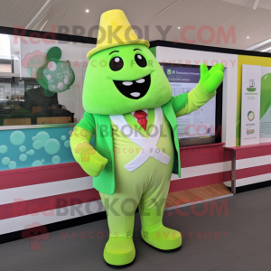 Lime Green Ice Cream mascot costume character dressed with a Waistcoat and Suspenders