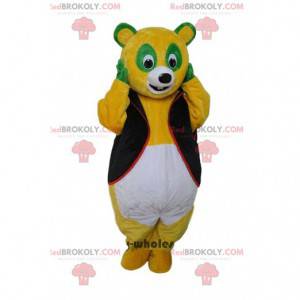 Driekleurige panda mascotte, kleurrijk teddybeerkostuum -