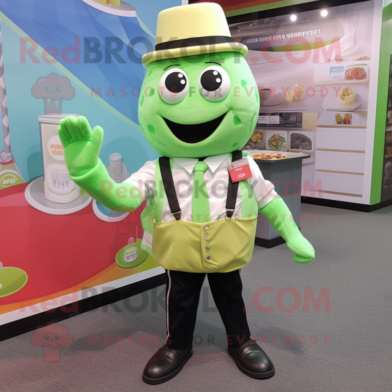 Lime Green Ice Cream mascot costume character dressed with a Waistcoat and Suspenders