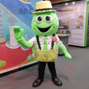 Lime Green Ice Cream mascot costume character dressed with a Waistcoat and Suspenders