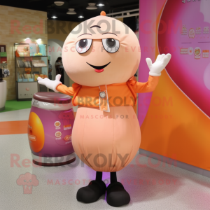 Peach Human Cannon Ball mascot costume character dressed with a Dress Shirt and Handbags