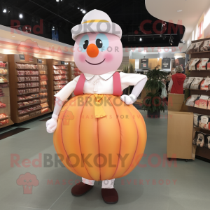 Peach Human Cannon Ball mascot costume character dressed with a Dress Shirt and Handbags