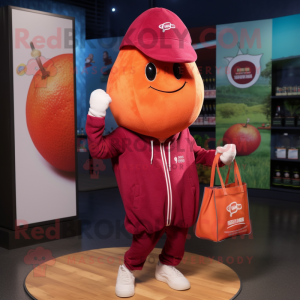 Maroon Grapefruit mascot costume character dressed with a Hoodie and Tote bags
