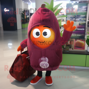 Maroon Grapefruit mascot costume character dressed with a Hoodie and Tote bags