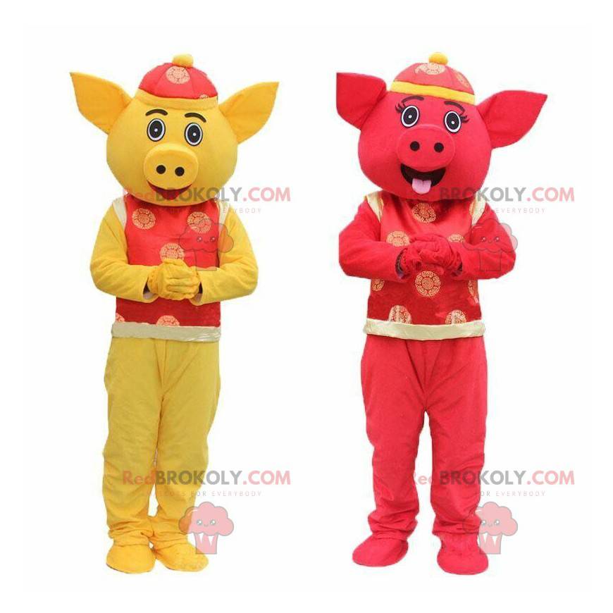2 mascotes de porcos amarelos e vermelhos, mascotes asiáticos -