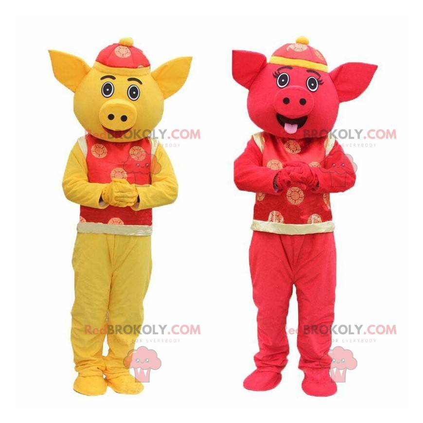 2 mascotte di maiali gialli e rossi, mascotte asiatiche - 2 mascotte di maiali gialli e rossi, mascotte asiatiche -