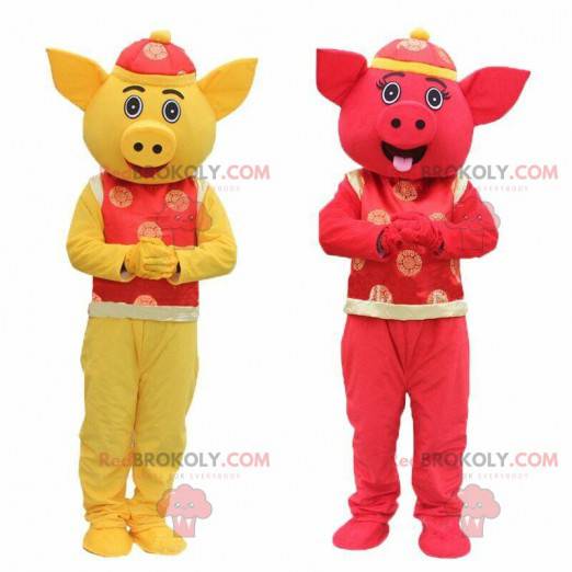 2 mascottes de cochons jaune et rouge, mascottes asiatiques -