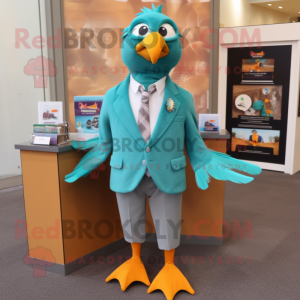 Teal Pigeon mascot costume character dressed with a Suit and Earrings