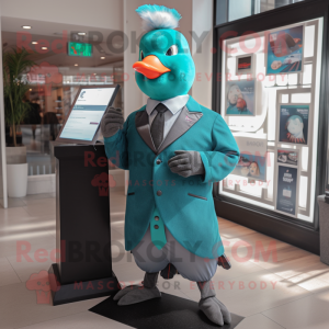 Teal Pigeon mascot costume character dressed with a Suit and Earrings