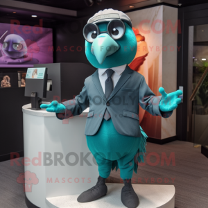 Teal Pigeon mascot costume character dressed with a Suit and Earrings