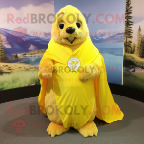 Lemon Yellow Marmot mascot costume character dressed with a Cover-up and Shawl pins