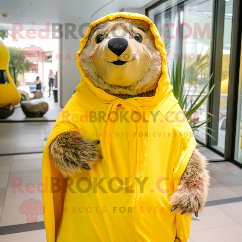 Lemon Yellow Marmot mascot costume character dressed with a Cover-up and Shawl pins