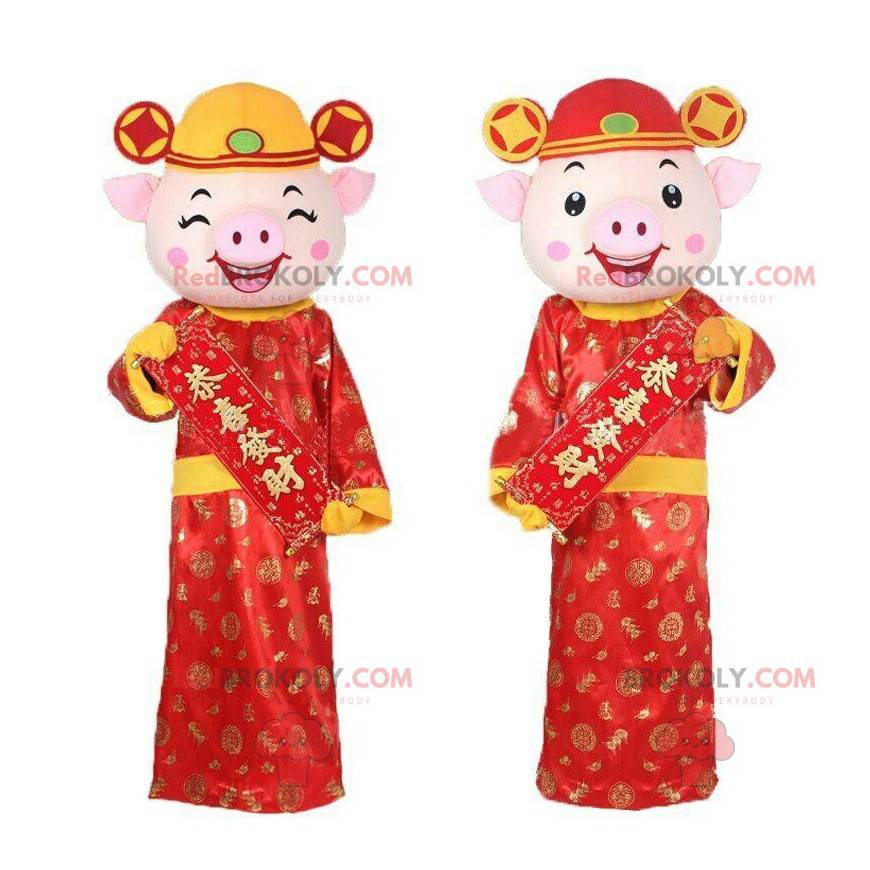 2 Schweinemaskottchen in asiatischen Outfits, asiatische