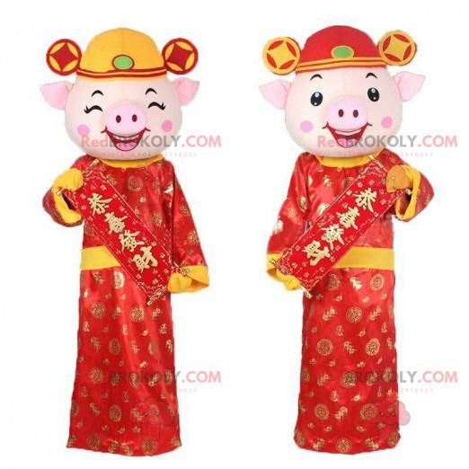2 mascottes de cochons en tenue asiatiques, mascottes