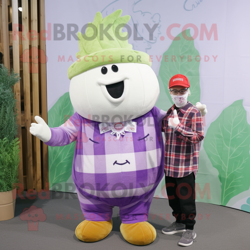 Lavender Turnip mascot costume character dressed with a Flannel Shirt and Keychains Lavender Turnip mascot costume character dressed with a Flannel Shirt and Keychains