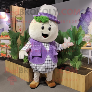 Lavender Turnip mascot costume character dressed with a Flannel Shirt and Keychains