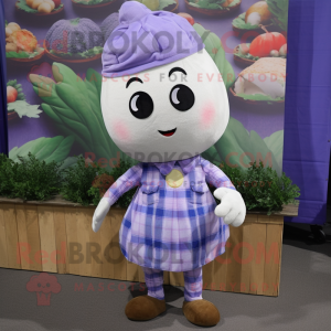 Lavender Turnip mascot costume character dressed with a Flannel Shirt and Keychains