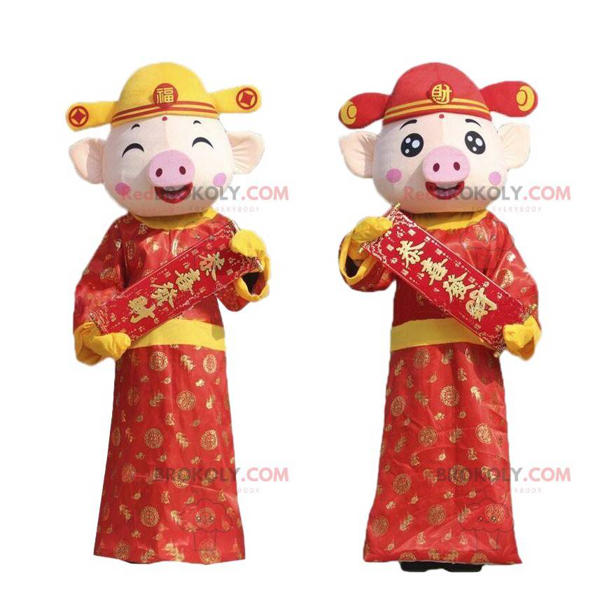 2 mascotes porcos em trajes asiáticos, mascotes asiáticos -