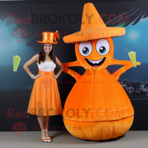 Orange Ceviche mascot costume character dressed with a Cocktail Dress and Hats