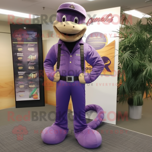 Purple Anaconda mascot costume character dressed with a Bootcut Jeans and Belts