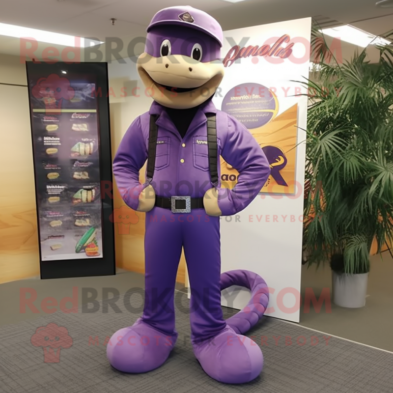 Purple Anaconda mascot costume character dressed with a Bootcut Jeans and Belts