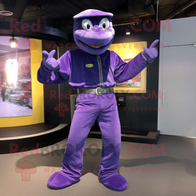 Purple Anaconda mascot costume character dressed with a Bootcut Jeans and Belts