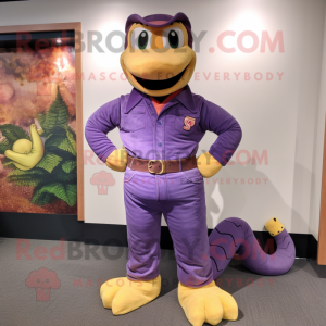 Purple Anaconda mascot costume character dressed with a Bootcut Jeans and Belts